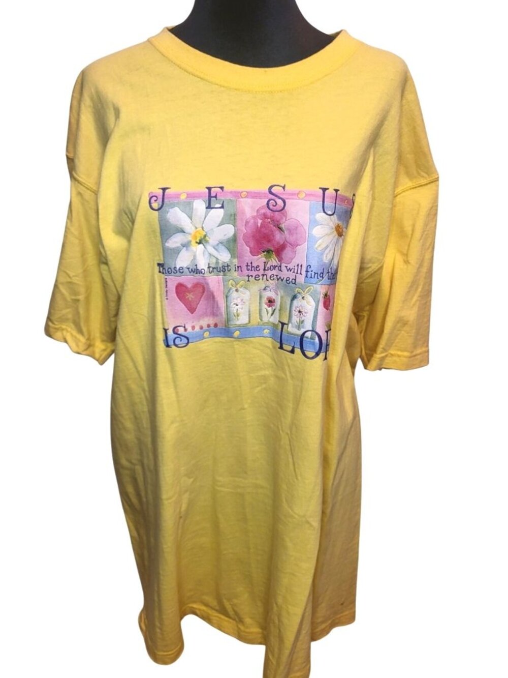 Pluma Vintage 90s Yellow Floral Jesus Graphic Tee L Oversized Inspirational